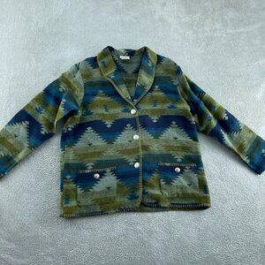 Vintage Teddi Acrylic Shawl Cardigan Jacket Large Green & Blue Aztec 4548